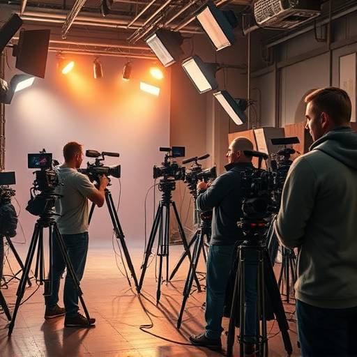 Illustration du service d'assistance sur site : une équipe technique travaillant sur un plateau de tournage avec des caméras et des éclairages.